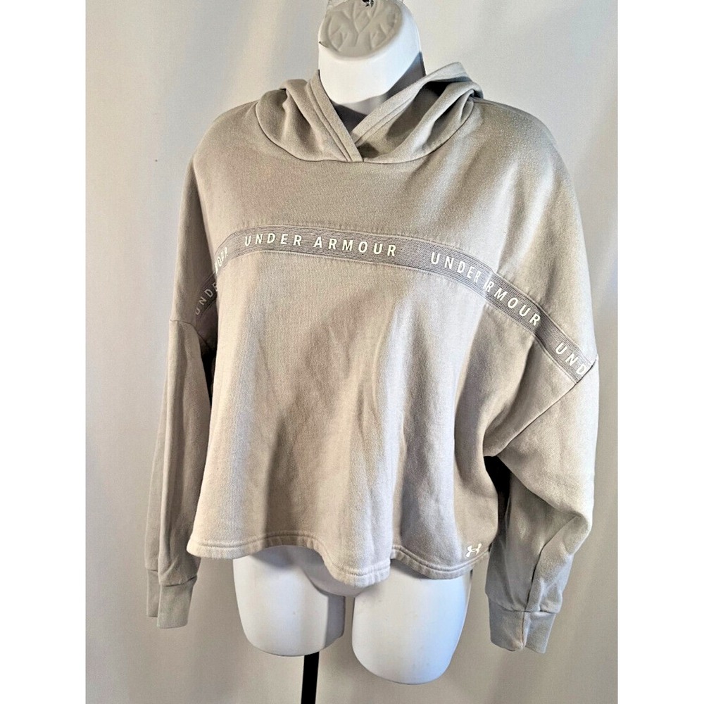 Womens Under Armour Crop Loose Fit Gray Hoodie Spell Out Size Large